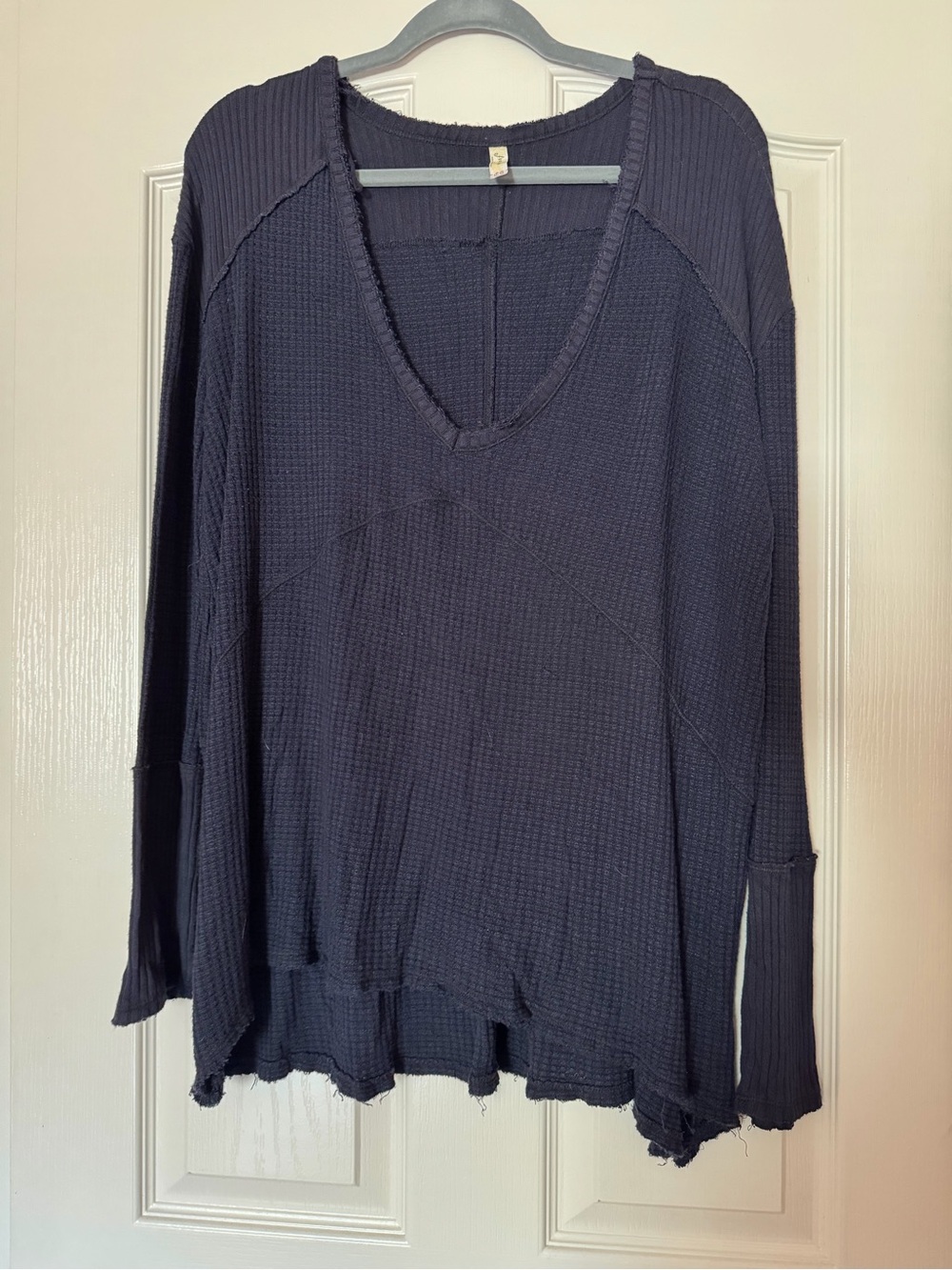 Free People Navy Waffle-Knit V-Neck Pullover